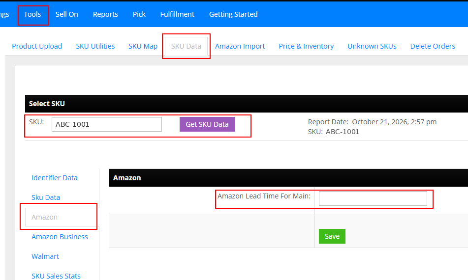 The Tools > SKU Data page in InfiPlex with a SKU loaded, the Amazon tab selected, and the Amazon Lead Time For Main field and Save button
