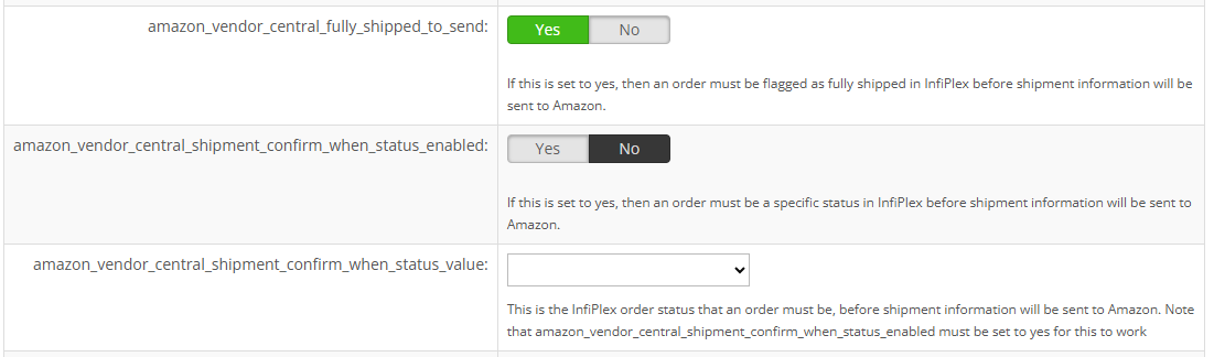 Amazon Vendor Central Direct Fulfillment Integration Settings for controlling shipment confirmations