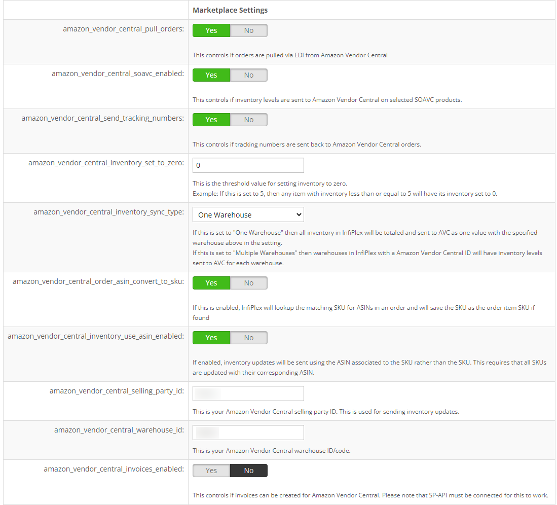 Amazon Vendor Central Direct Fulfillment Integration Settings for InfiPlex OMS