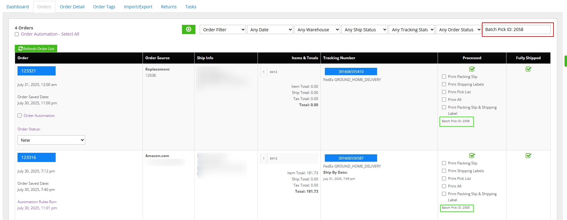 InfiPlex Batch Pick List Search