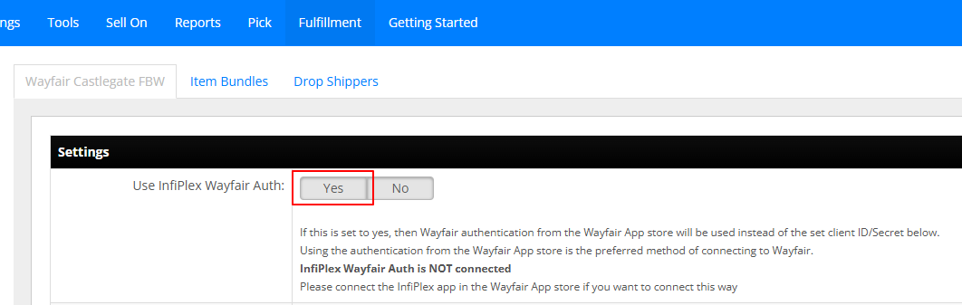 CastleGate Fulfillment Integration with InfiPlex OMS - Integration Confirmation in Settings Area