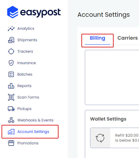 easypost menu - billing