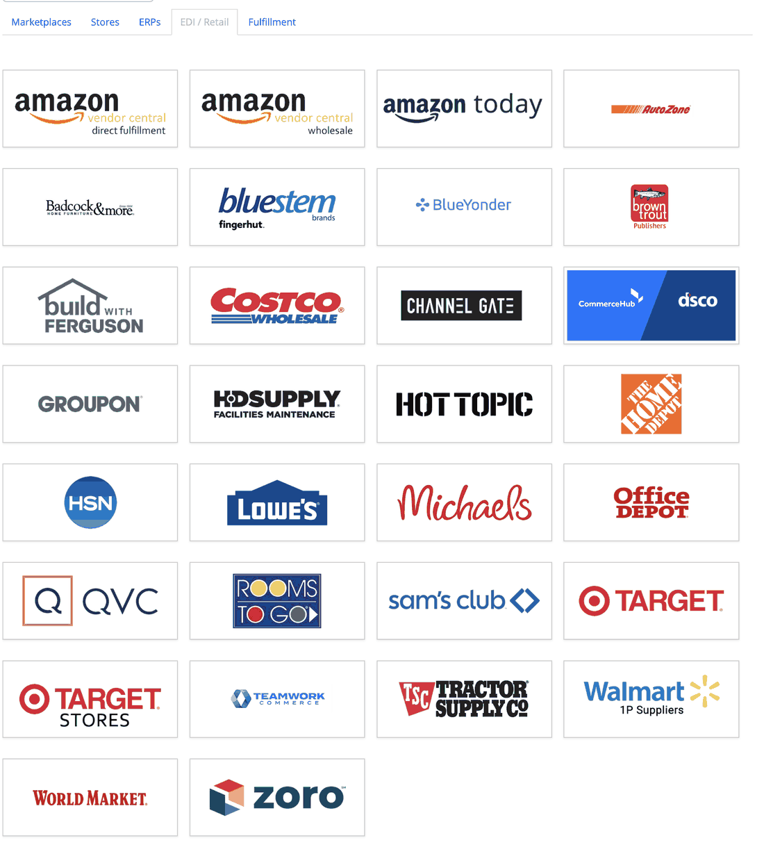 The EDI / Retail tab in InfiPlex Integrations, showing every connected trading partner