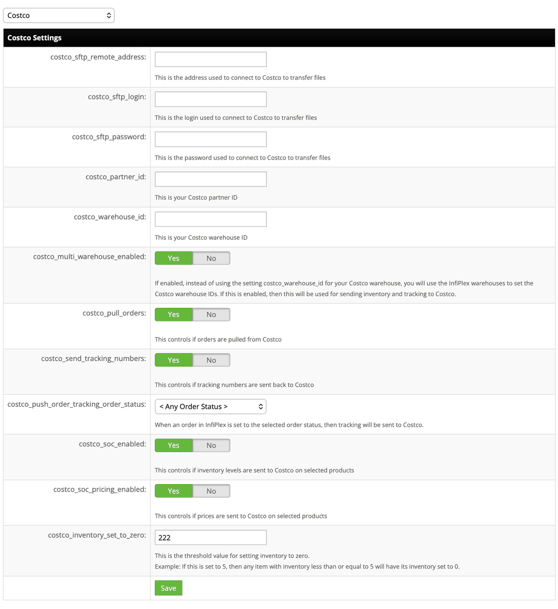 Costco's direct EDI connection settings in InfiPlex: SFTP address, login, password, partner ID, and warehouse ID