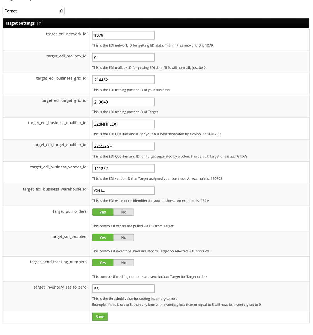 Target's VAN-routed EDI connection settings in InfiPlex, including network, mailbox, qualifier, and grid IDs