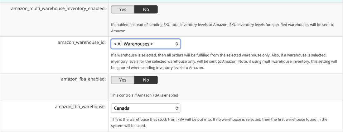 Amazon inventory settings in InfiPlex: multi-warehouse inventory, the single-warehouse scope, and the FBA warehouse
