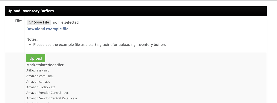 The Inventory Buffer upload screen in InfiPlex, with an example file and the marketplace identifier reference