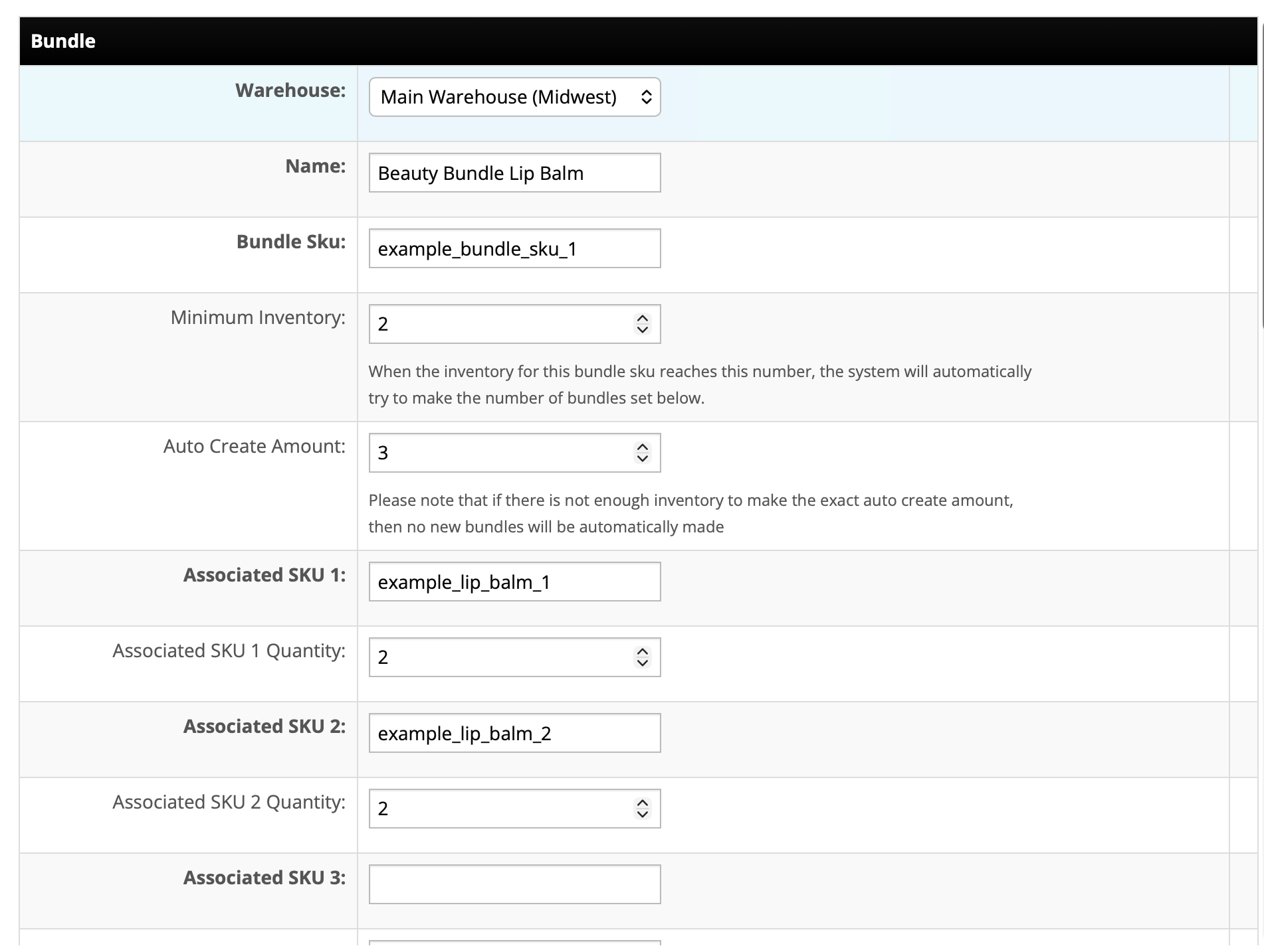 A Bundle definition in InfiPlex, with warehouse, bundle name, Bundle SKU, Minimum Inventory, Auto Create Amount, and associated component SKUs with quantities