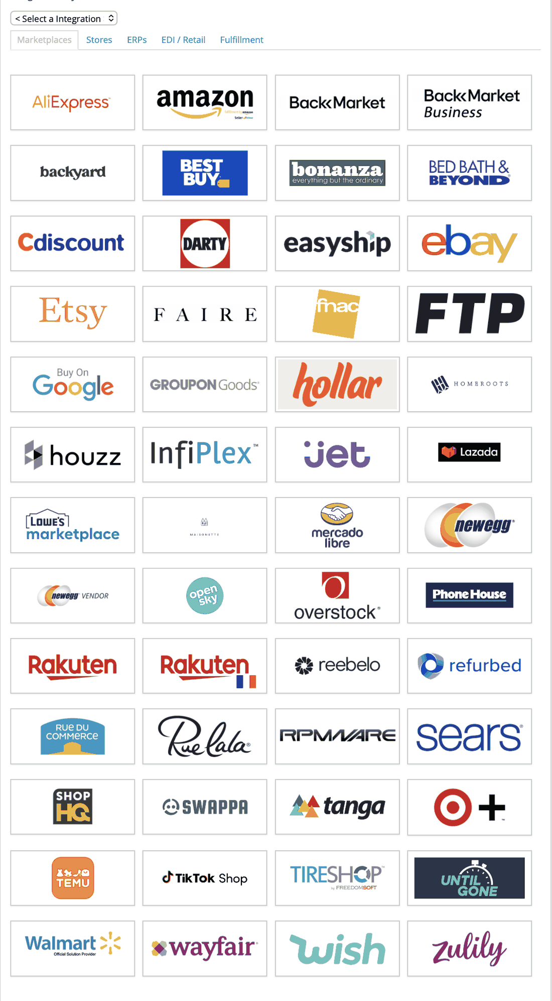 The InfiPlex Integrations page, with tabs for Marketplaces, Stores, ERPs, EDI / Retail, and Fulfillment