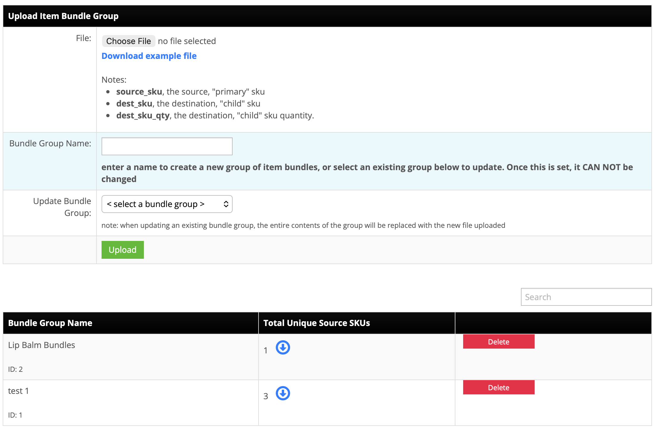 The Upload Item Bundle Group screen in InfiPlex, with the source_sku, dest_sku, and dest_sku_qty CSV columns, a Bundle Group Name field, and a list of existing groups with their unique source SKU counts
