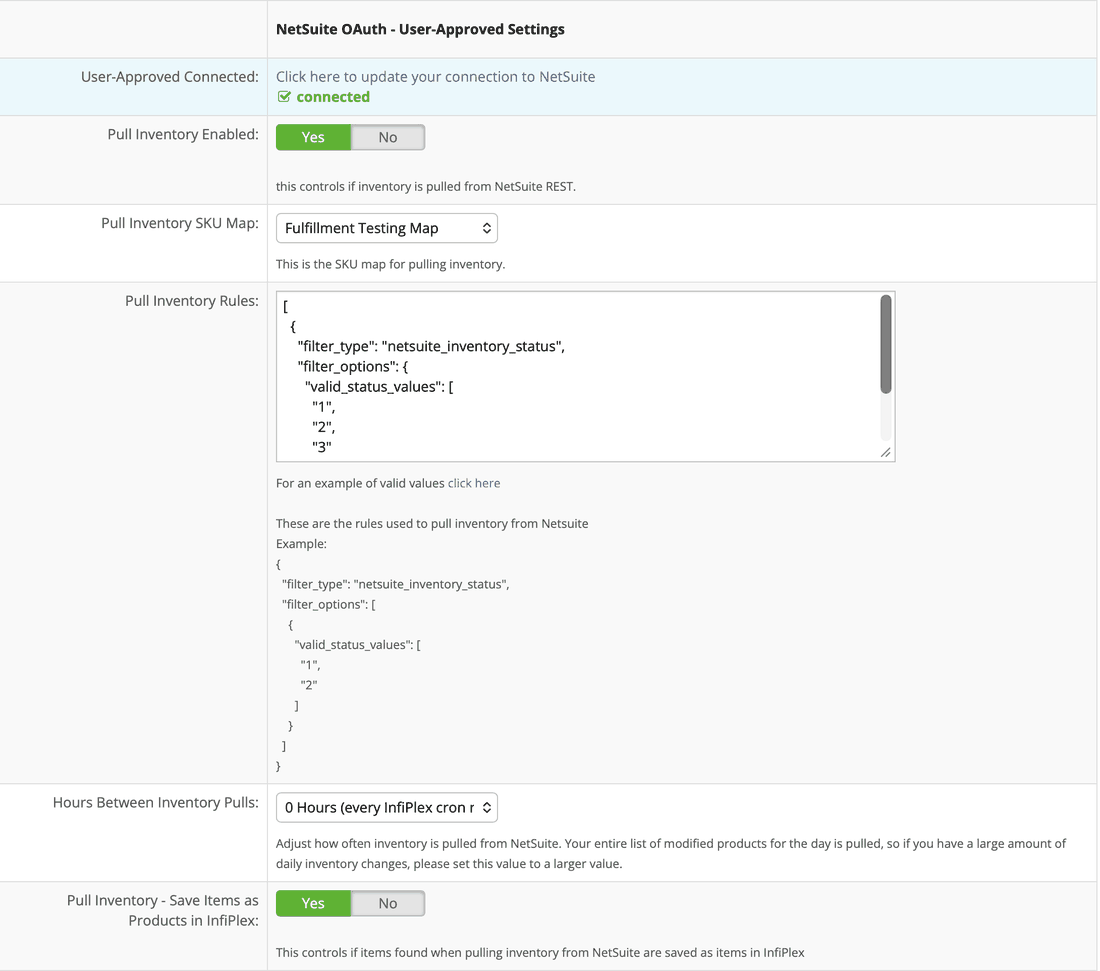 NetSuite inventory pull settings in InfiPlex, with pull rules, a SKU map, and pull frequency