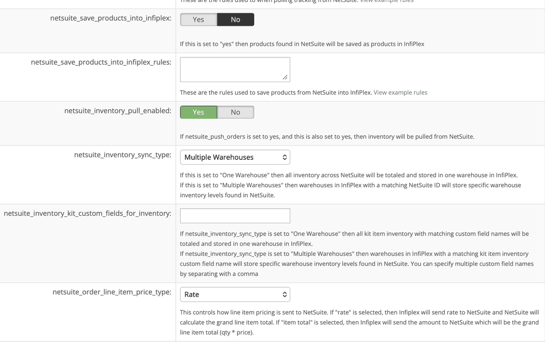 The NetSuite inventory sync type setting: One Warehouse totals everything, Multiple Warehouses matches NetSuite locations to InfiPlex warehouses by ID