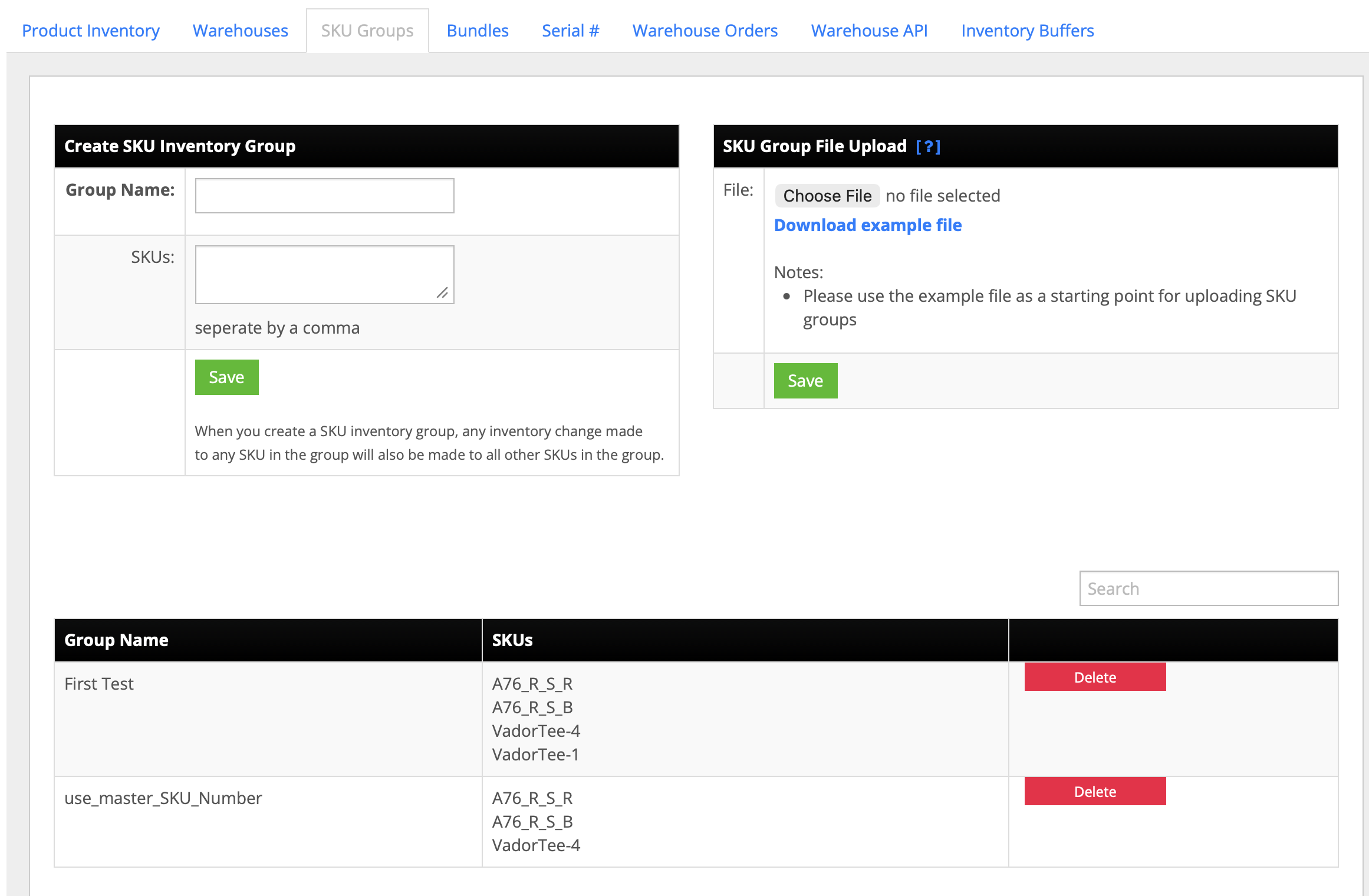 The SKU Groups tab in InfiPlex, with a form to create a group by name and comma-separated SKUs, a CSV upload option, and a list of existing groups with their SKUs