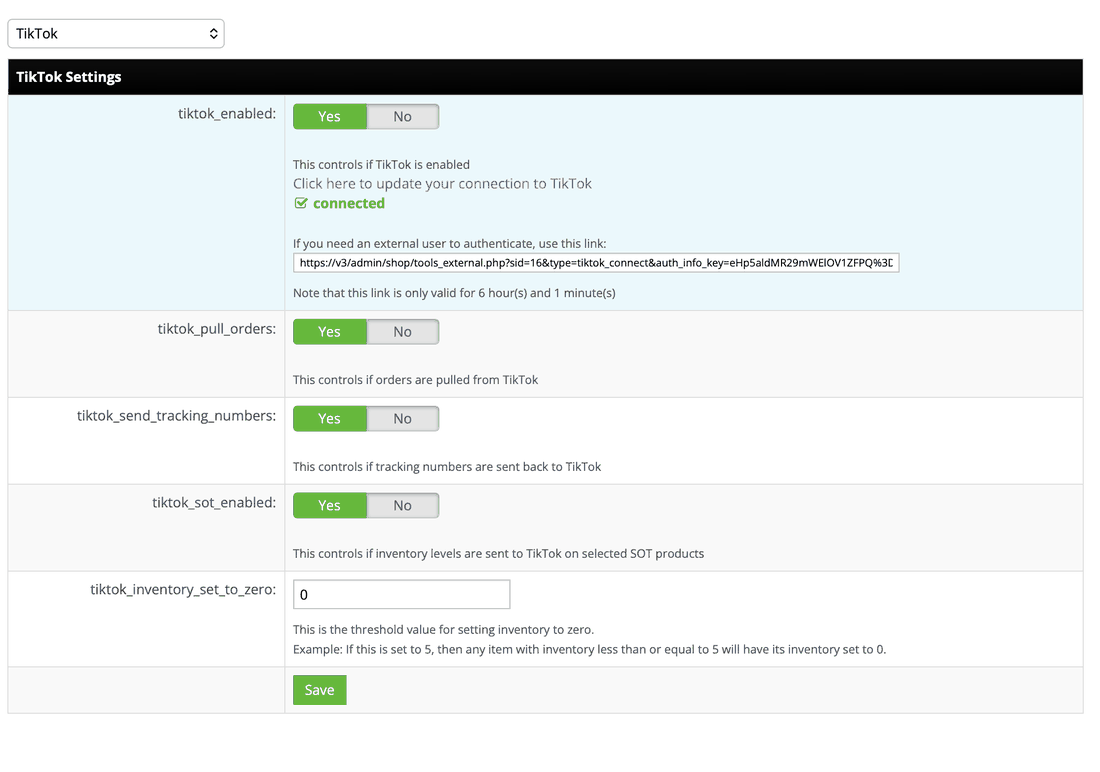 A channel integration page in InfiPlex showing the inventory set-to-zero threshold setting