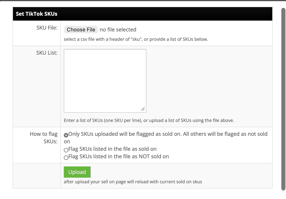 The Set TikTok SKUs tool in InfiPlex, flagging which SKUs are sold on TikTok by CSV upload or pasted list