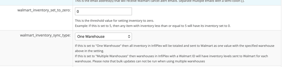 Walmart inventory settings in InfiPlex, with the set-to-zero threshold and the One Warehouse vs Multiple Warehouses sync type