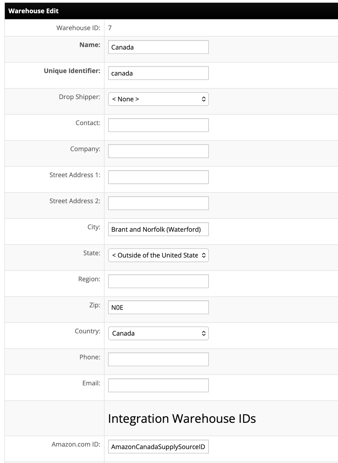 The Integration Warehouse IDs section on an InfiPlex warehouse edit page, where a warehouse gets its Amazon.com ID