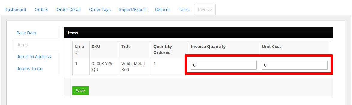 Rooms To Go Invoicing - Items tab