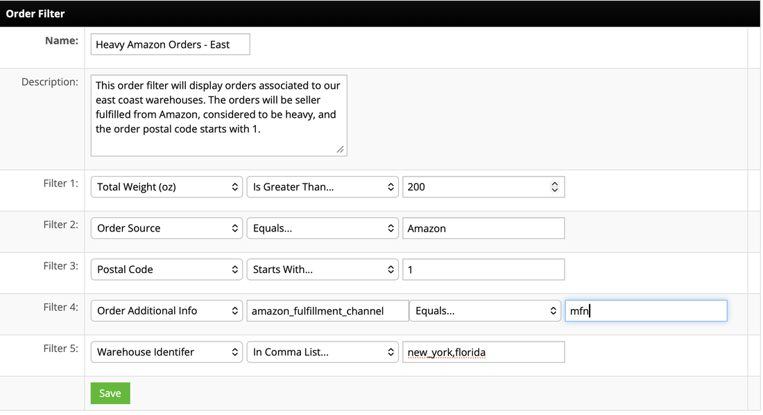 Order Filter set up to match heavy, seller-fulfilled Amazon orders shipping from New York or Florida to postal codes starting with 1