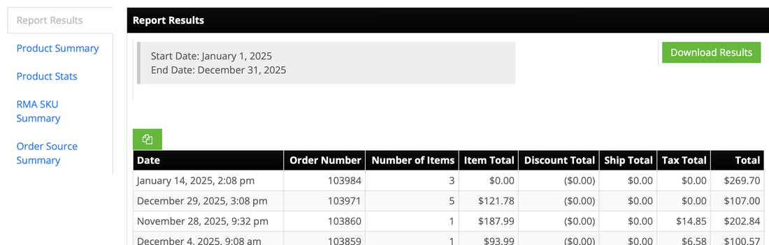 Detailed report showing the five report tabs in the sidebar: Report Results, Product Summary, Product Stats, RMA SKU Summary, and Order Source Summary