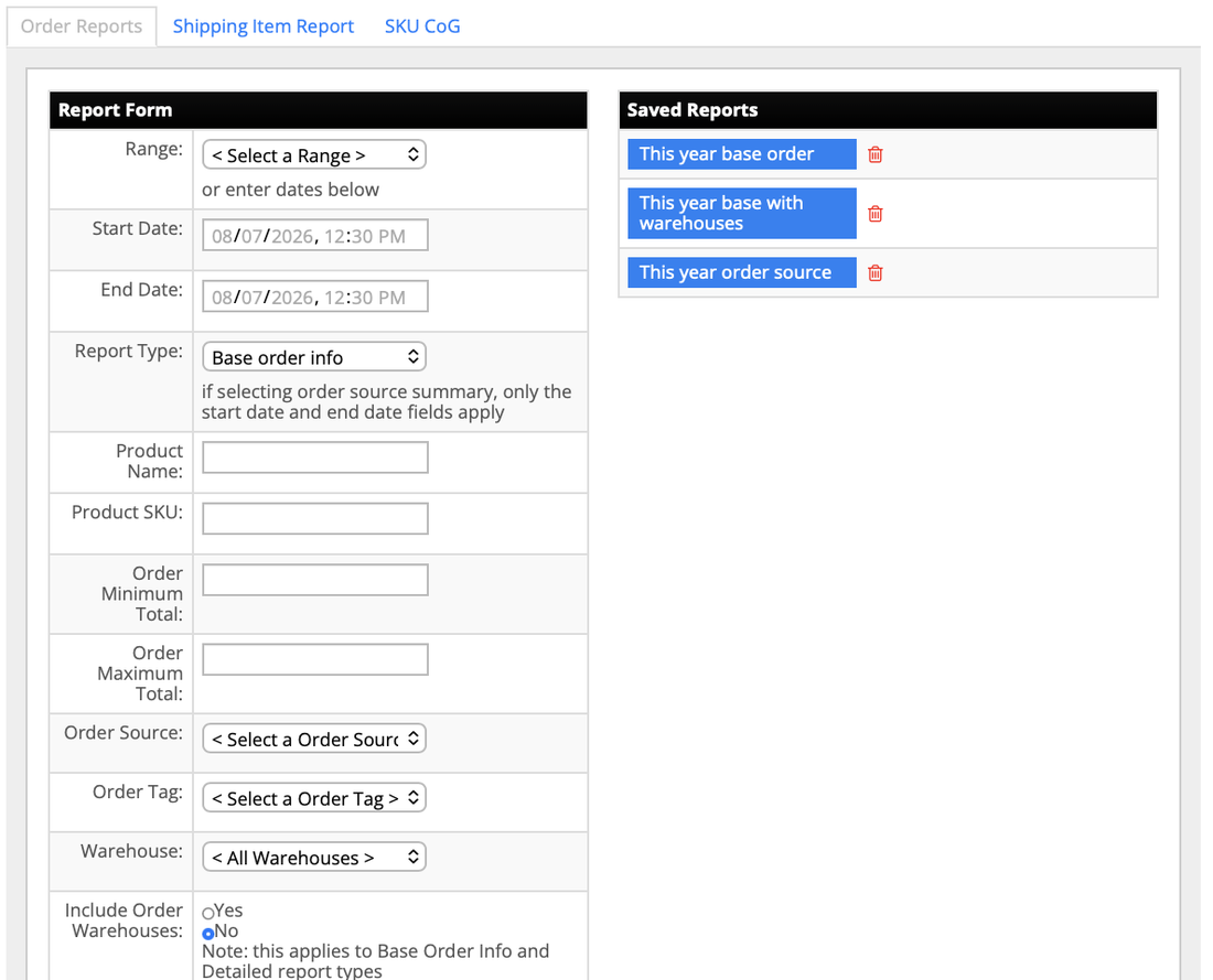 Order Reports filter form with Report Type, Include Order Warehouses, and the Saved Reports panel