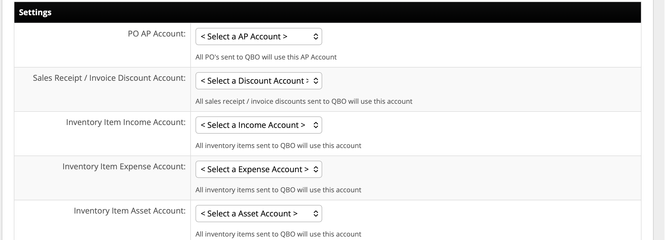 InfiPlex Settings page showing PO AP Account, Sales Receipt Discount Account, and the three Inventory Item accounts