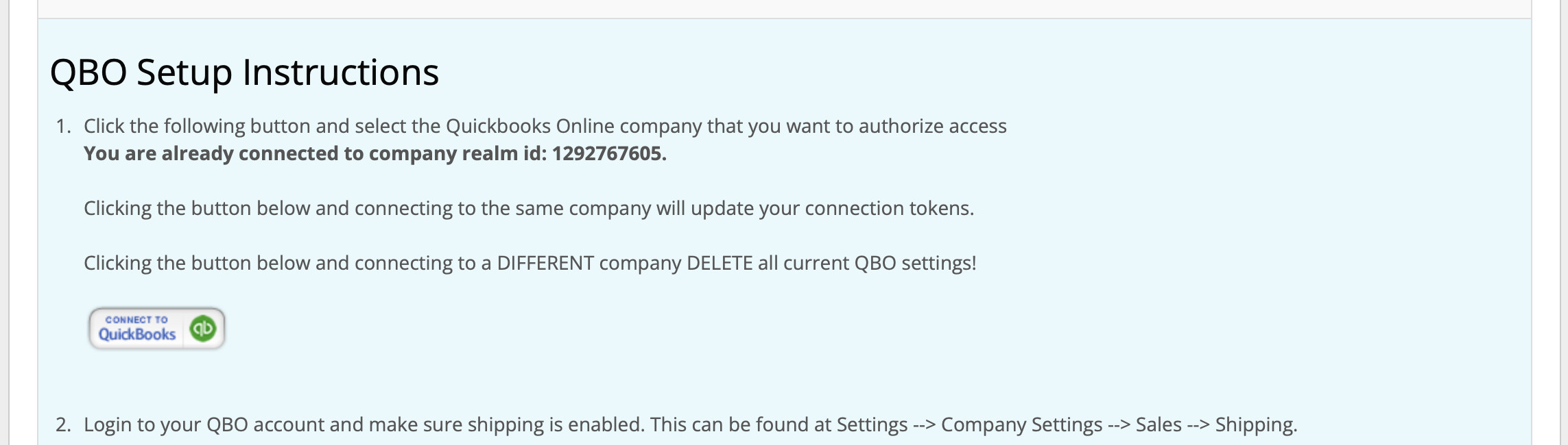 InfiPlex QBO setup instructions showing the Connect to QuickBooks button and the warning about reconnecting to a different company