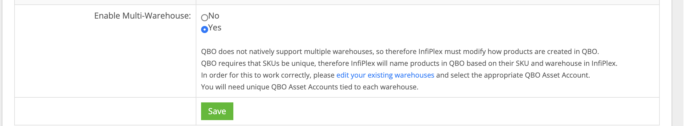 InfiPlex Settings page showing the Enable Multi-Warehouse toggle and the SKU-plus-warehouse naming explanation