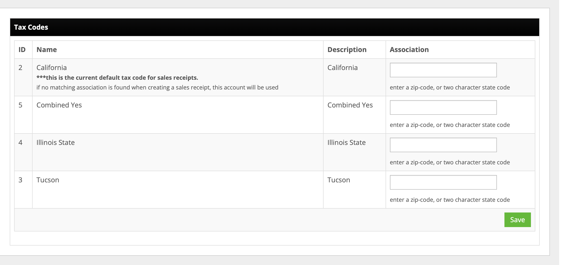 InfiPlex Tax Codes page showing each tax code with its zip or state association field and the default tax code note