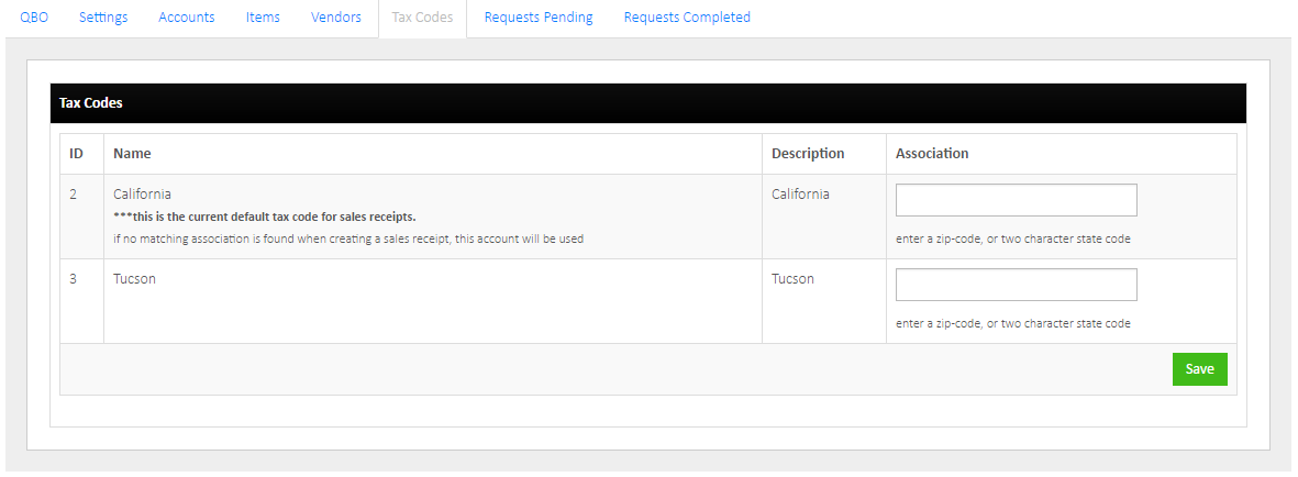 QuickBooks Online Tax Codes Tab