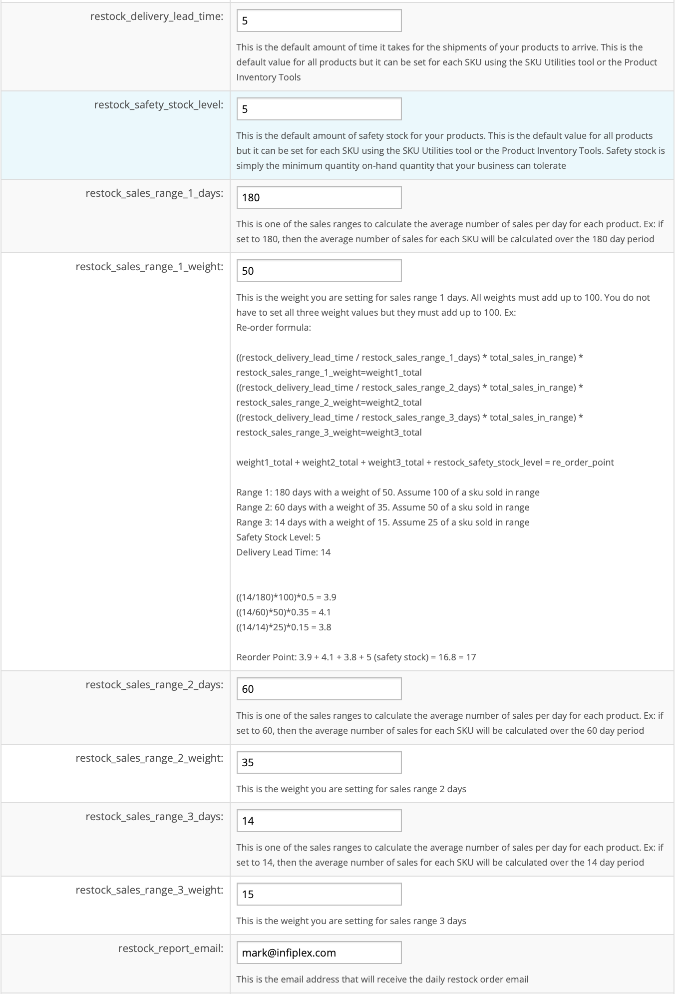 The InfiPlex restock settings on the Settings, Base Settings, Warehouse page: restock_delivery_lead_time, restock_safety_stock_level, three sales range day counts with their weights, and restock_report_email, with the reorder formula and a worked example in the help text