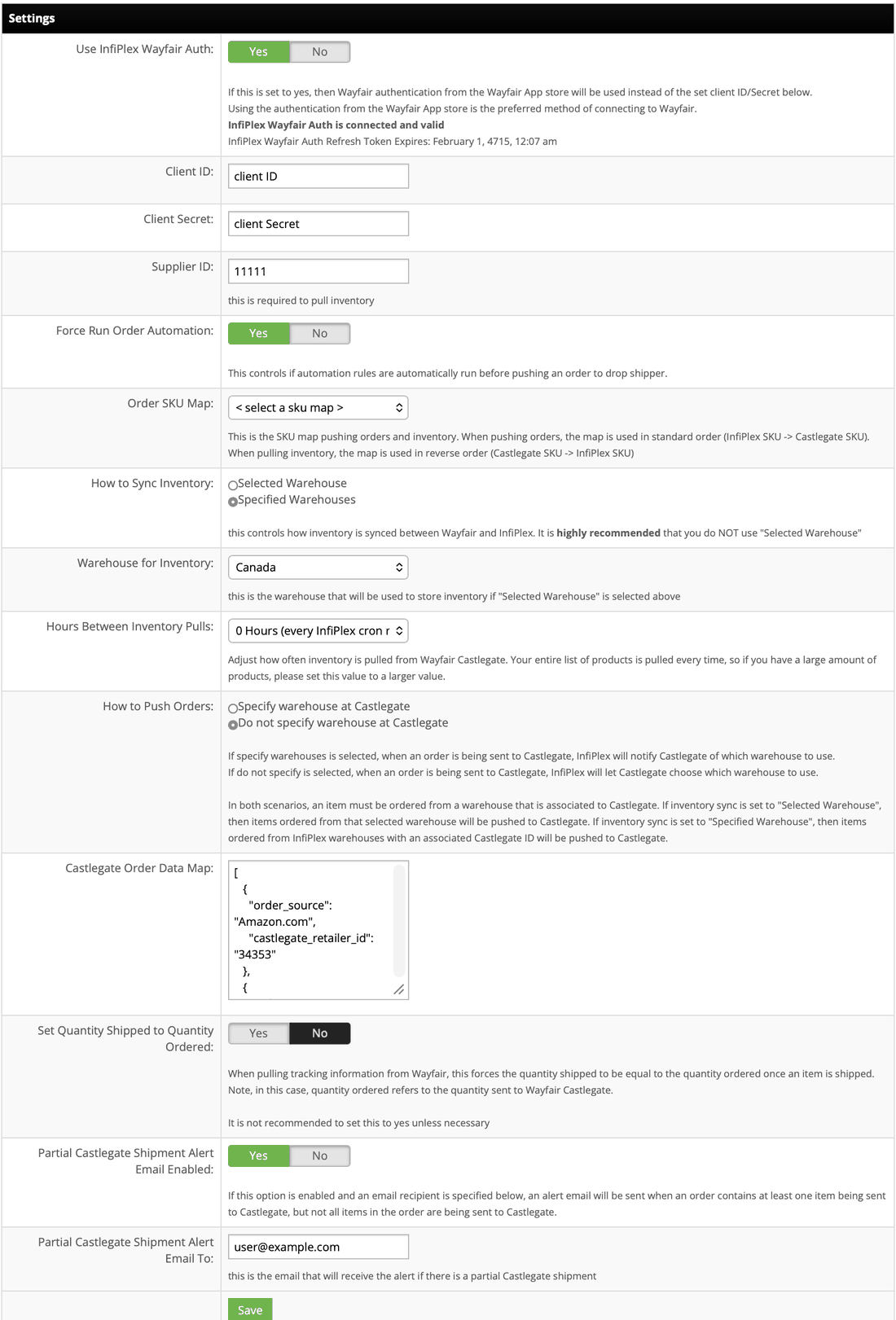 Wayfair Castlegate fulfillment settings showing authentication, SKU mapping, inventory sync options, the order data map, and the partial shipment alert email