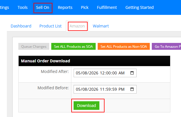 Screenshot of the Manual Order Download interface inside the InfiPlex OMS Sell On Amazon settings page