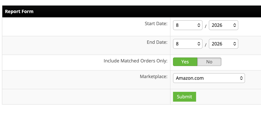Settlement Report filter form with Start Date, End Date, Include Matched Orders Only, and Marketplace