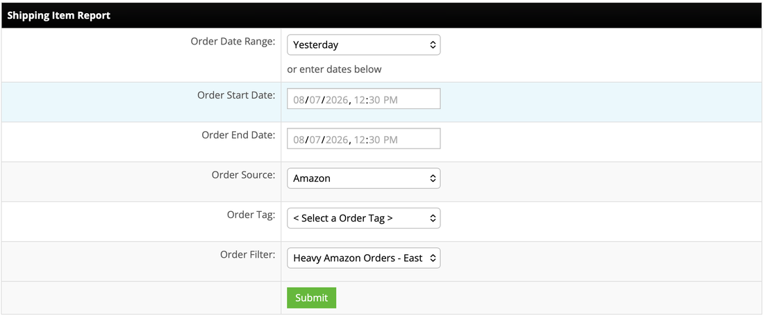 Shipping Item Report filter screen with Order Date Range, Order Source, Order Tag, and Order Filter