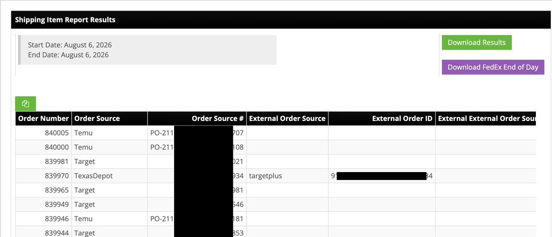 Shipping Item Report results screen with Download Results and Download FedEx End of Day buttons