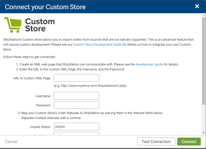 ShipStation Custom Store Settings form