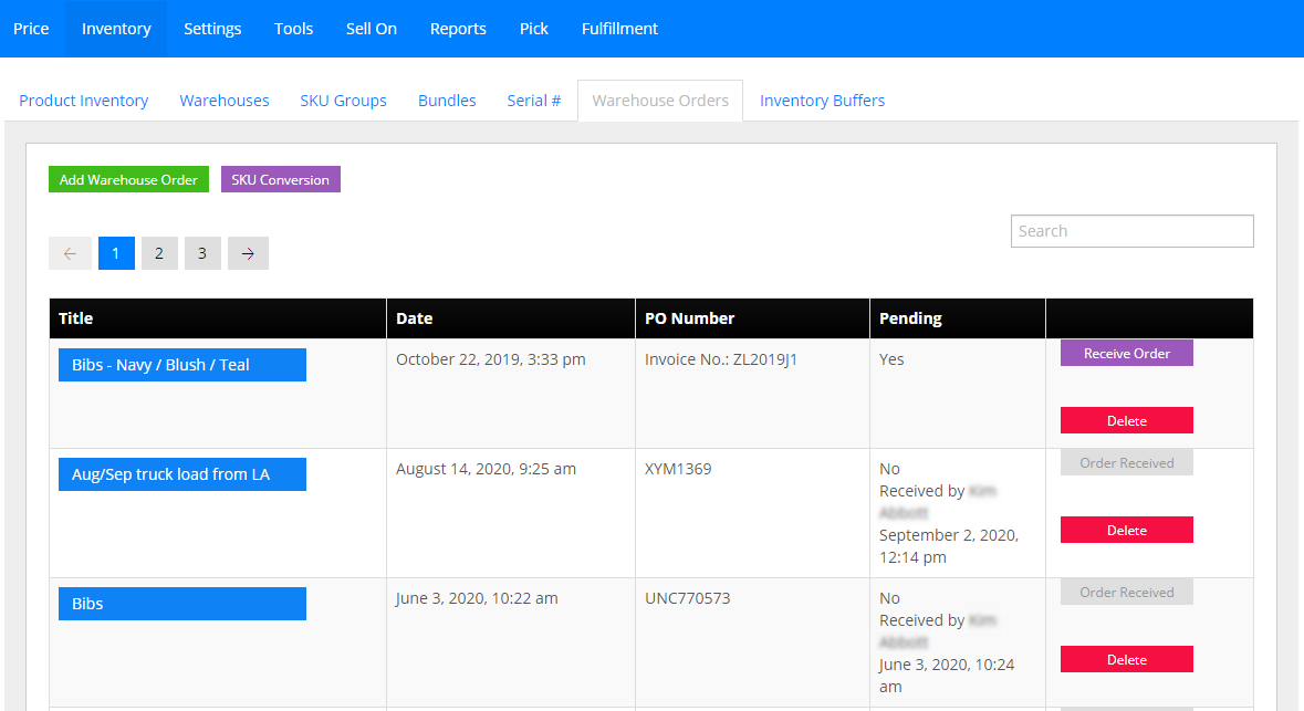 InfiPlex Warehouse Orders page
