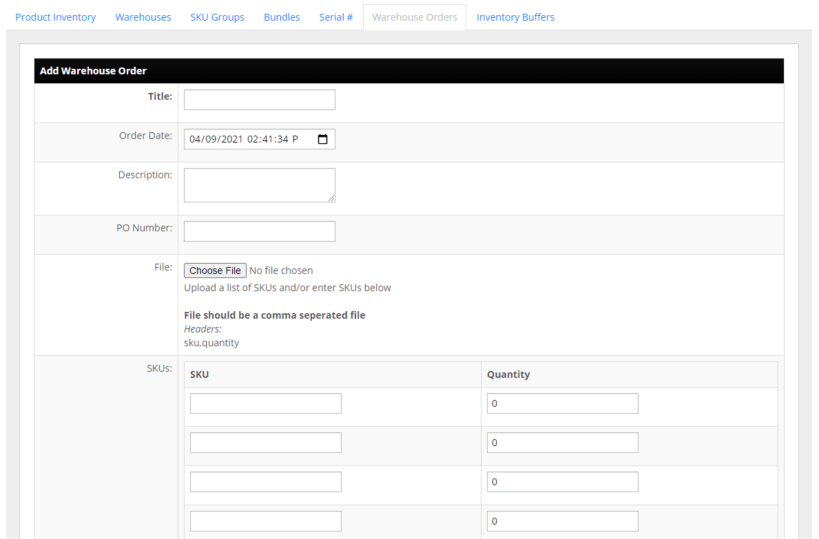 InfiPlex Add Warehouse Order page