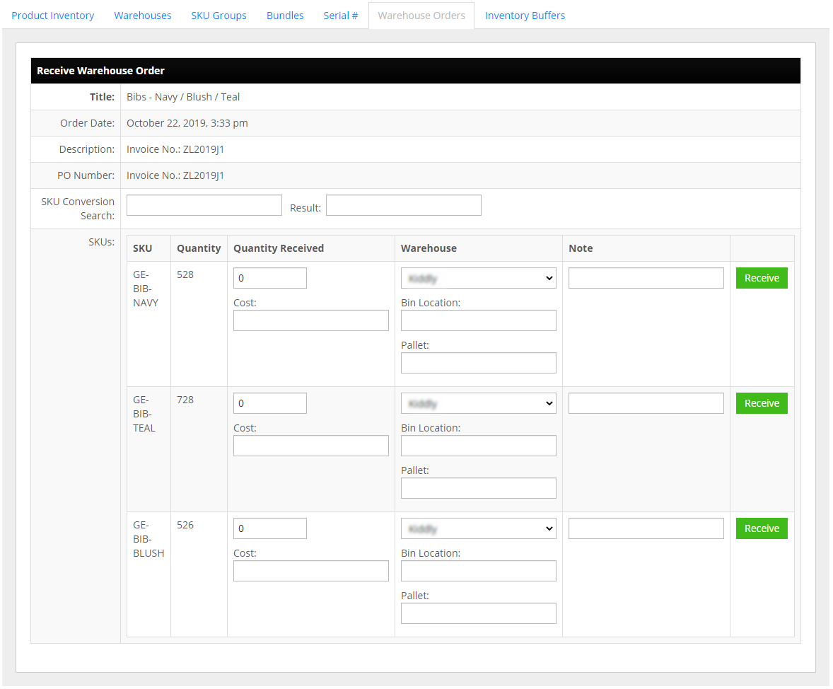 InfiPlex Add Warehouse Order page