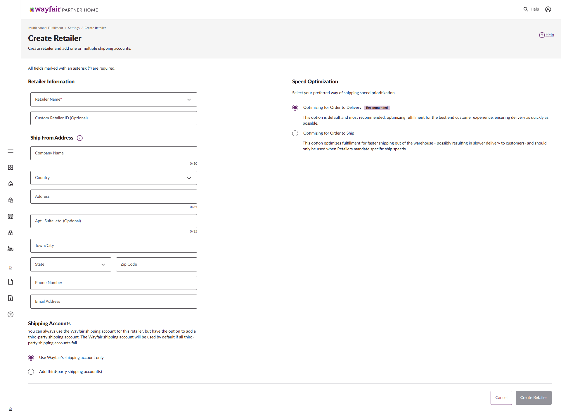Wayfair CastleGate Multi-Channel Fulfillment Program Add Retailer Form