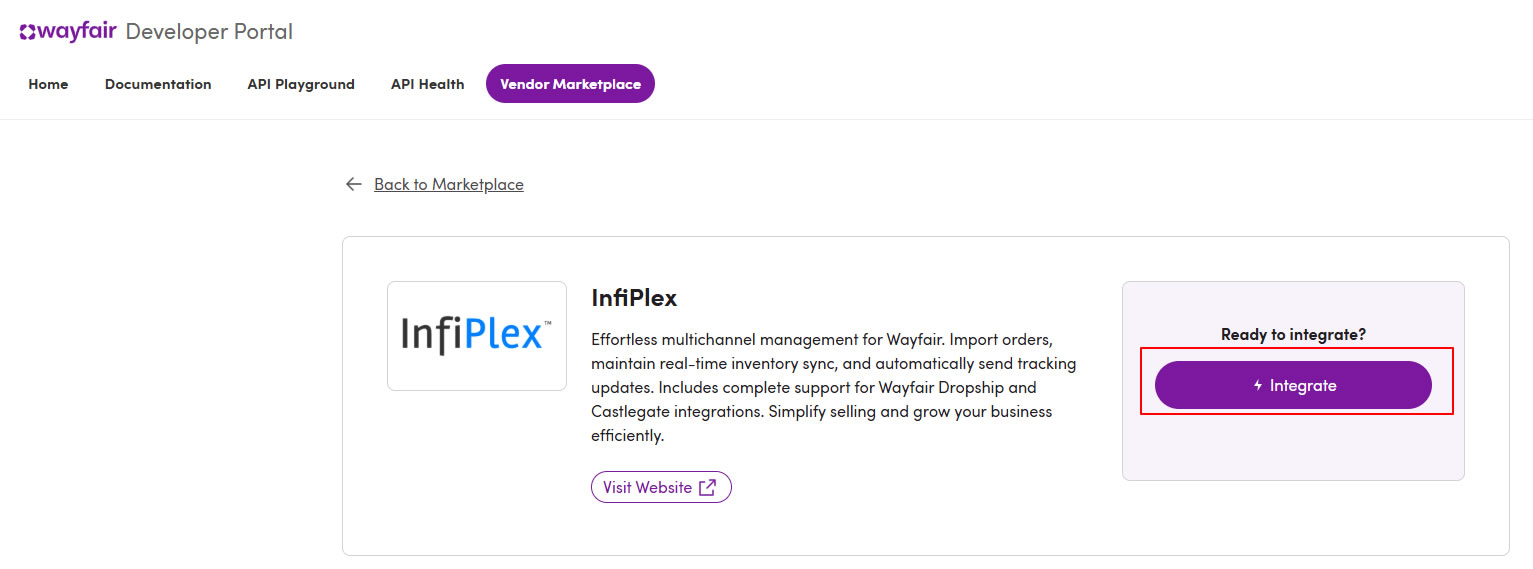 Wayfair.com Marketplace Integration with InfiPlex OMS - Integration OAuth Button