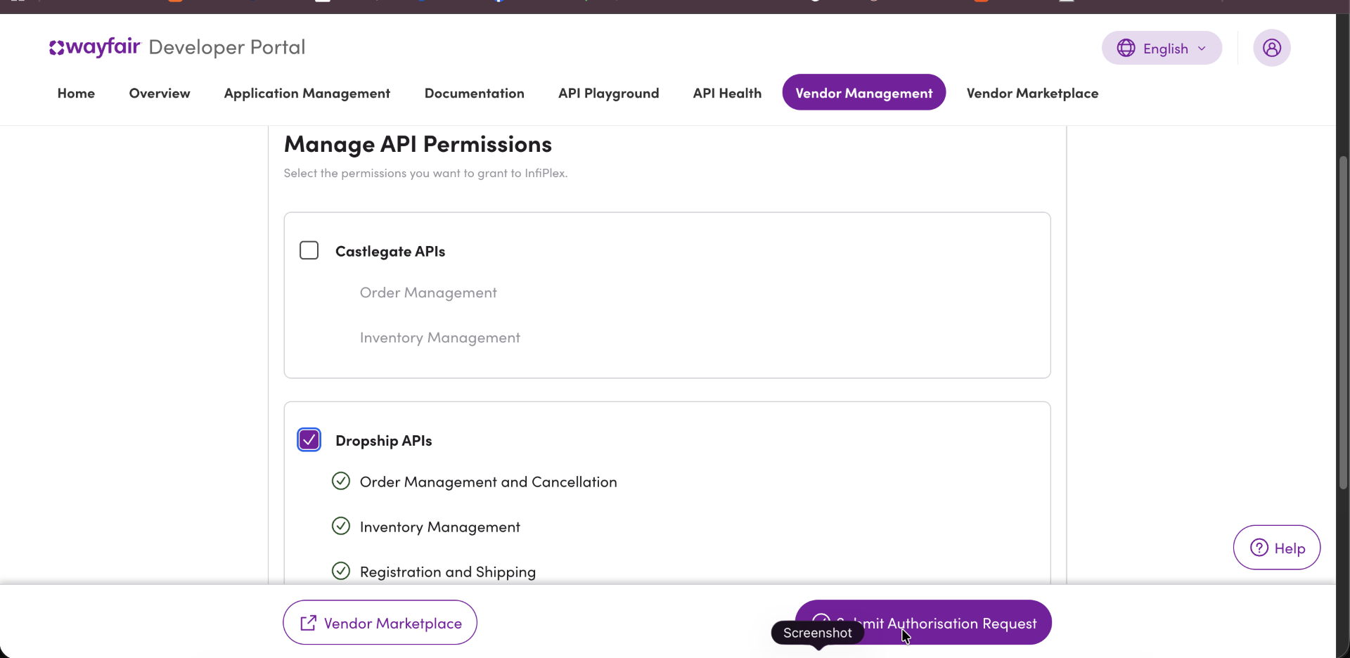 Wayfair.com OAuth Integration with InfiPlex OMS Approval Popup - set access