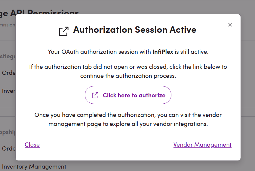 Wayfair.com OAuth Integration with InfiPlex OMS Approval Popup