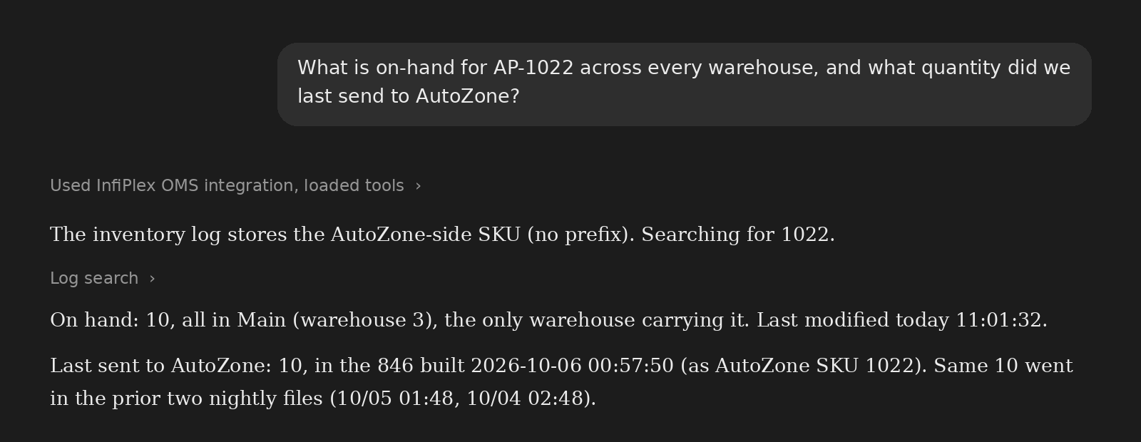AI assistant reporting on-hand inventory by warehouse and the quantity in the last 846 sent to AutoZone