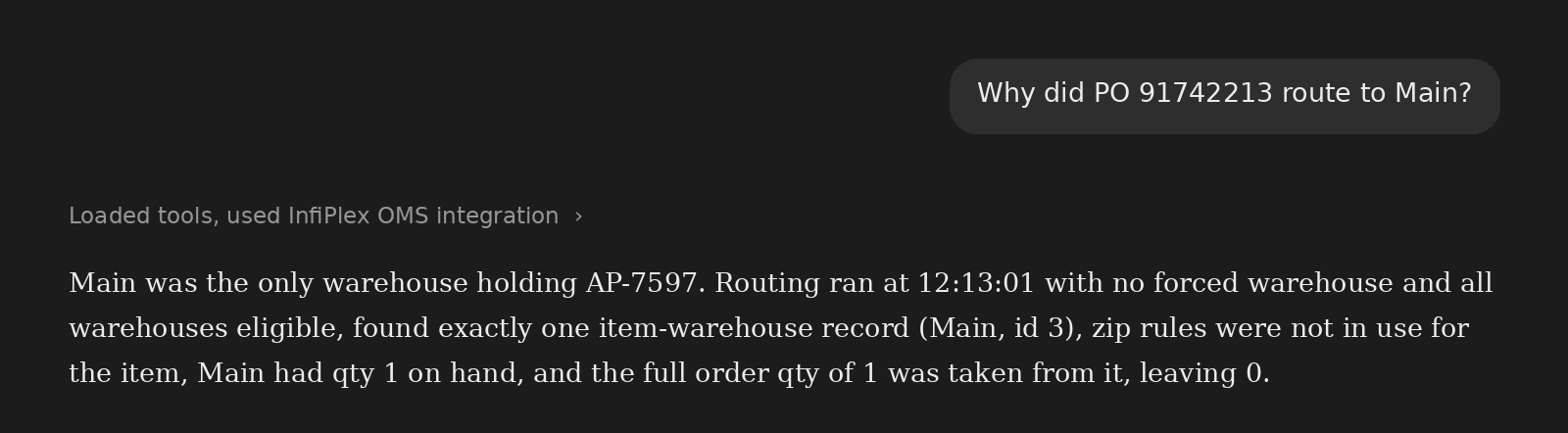 AI assistant explaining why an AutoZone PO routed to the Main warehouse, from the InfiPlex routing log