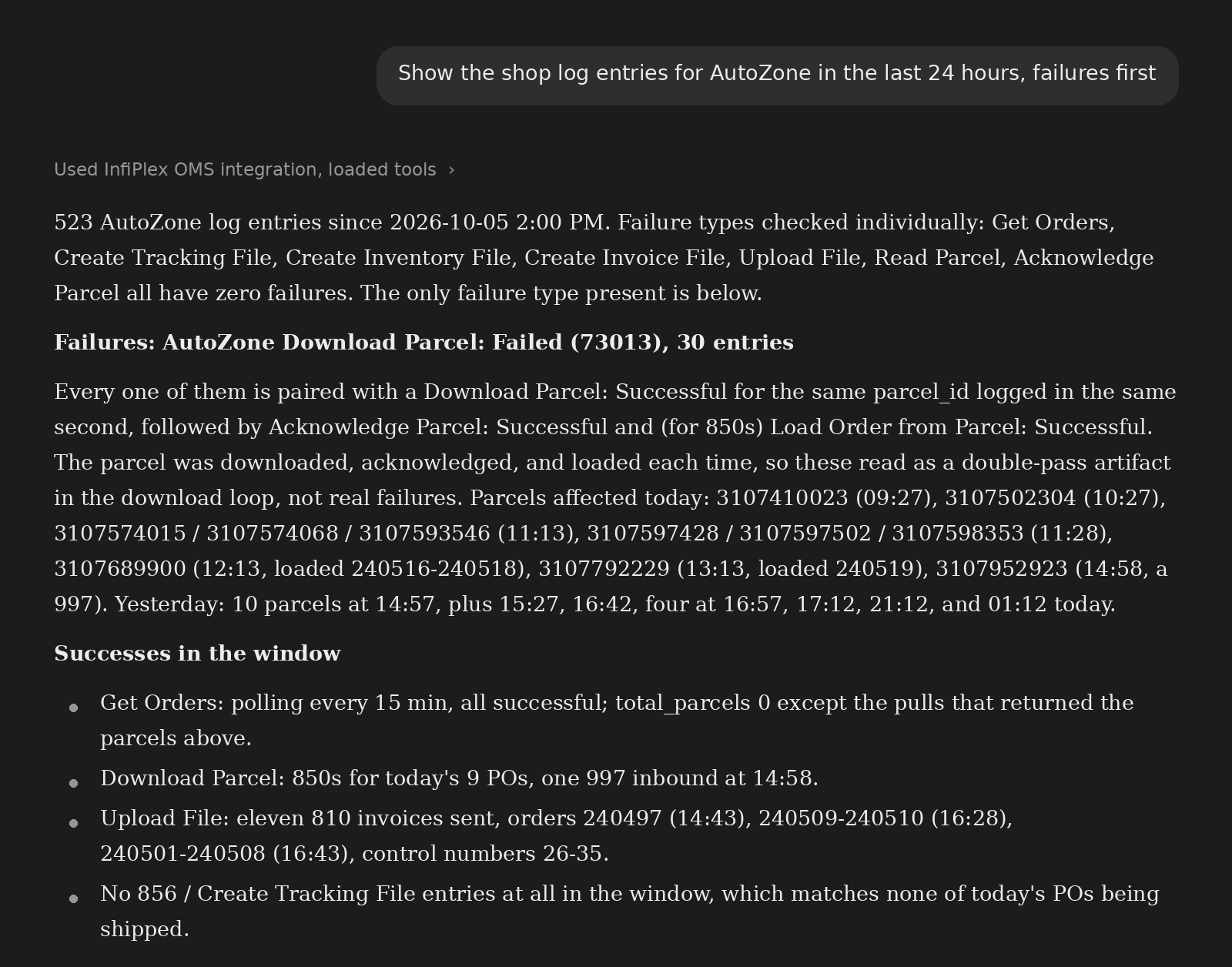 AI assistant summarizing 24 hours of AutoZone shop log entries in InfiPlex, failures first