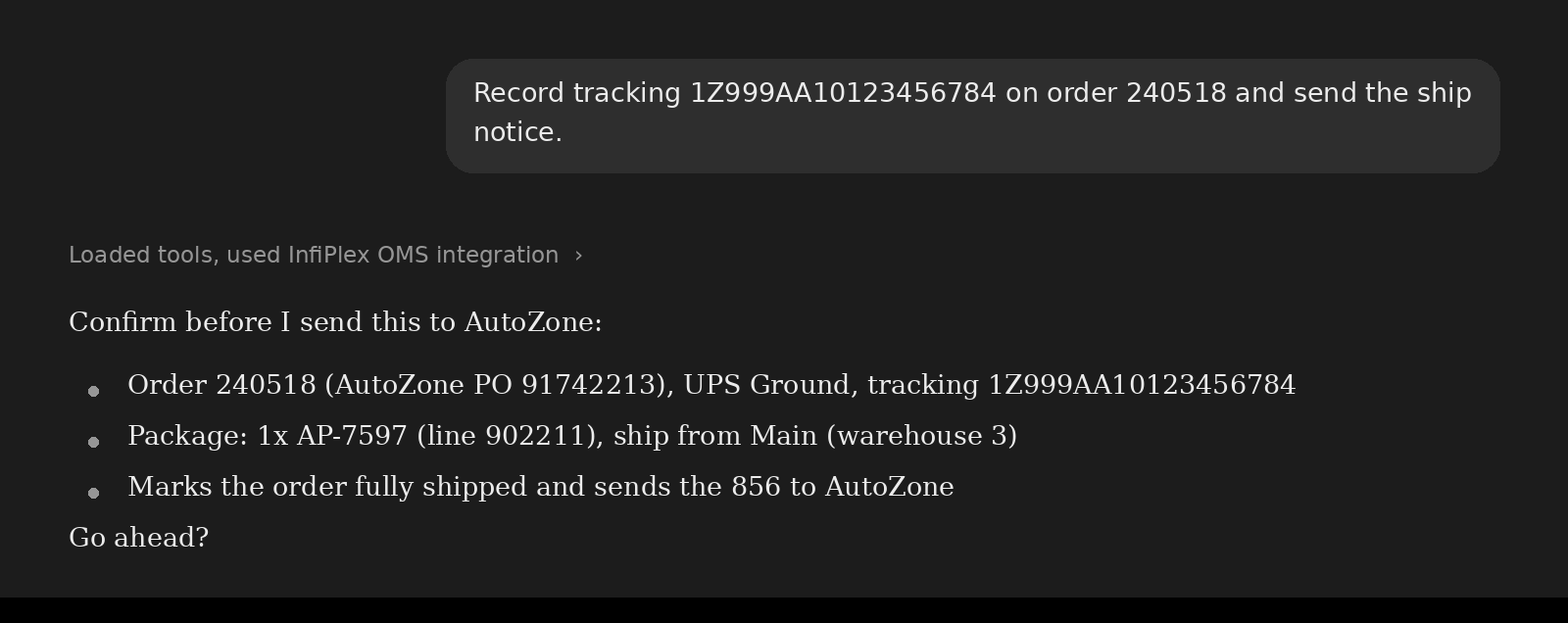 AI assistant previewing a tracking record and ship notice before sending it to the retailer