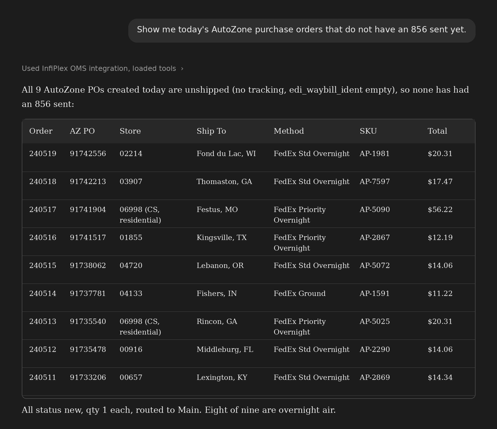 AI assistant listing nine AutoZone purchase orders with no 856 sent, from a live InfiPlex instance