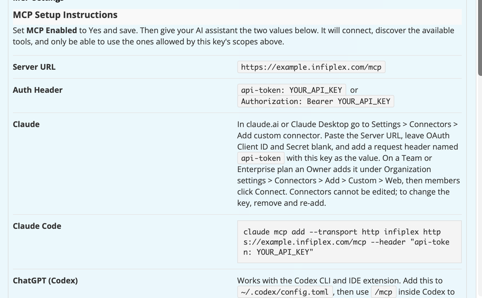 The MCP Setup Instructions block on an InfiPlex API key page, showing the Server URL, the auth header, and per-client connection steps for Claude, Claude Code, ChatGPT via Codex, and other MCP clients